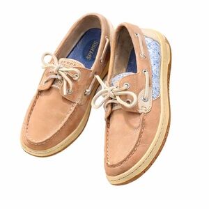 NWOT Sperry Top-Sider Leather Boat Shoes Tan Blue Sequin Detail Women’s Size 10